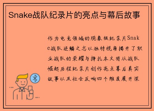 Snake战队纪录片的亮点与幕后故事